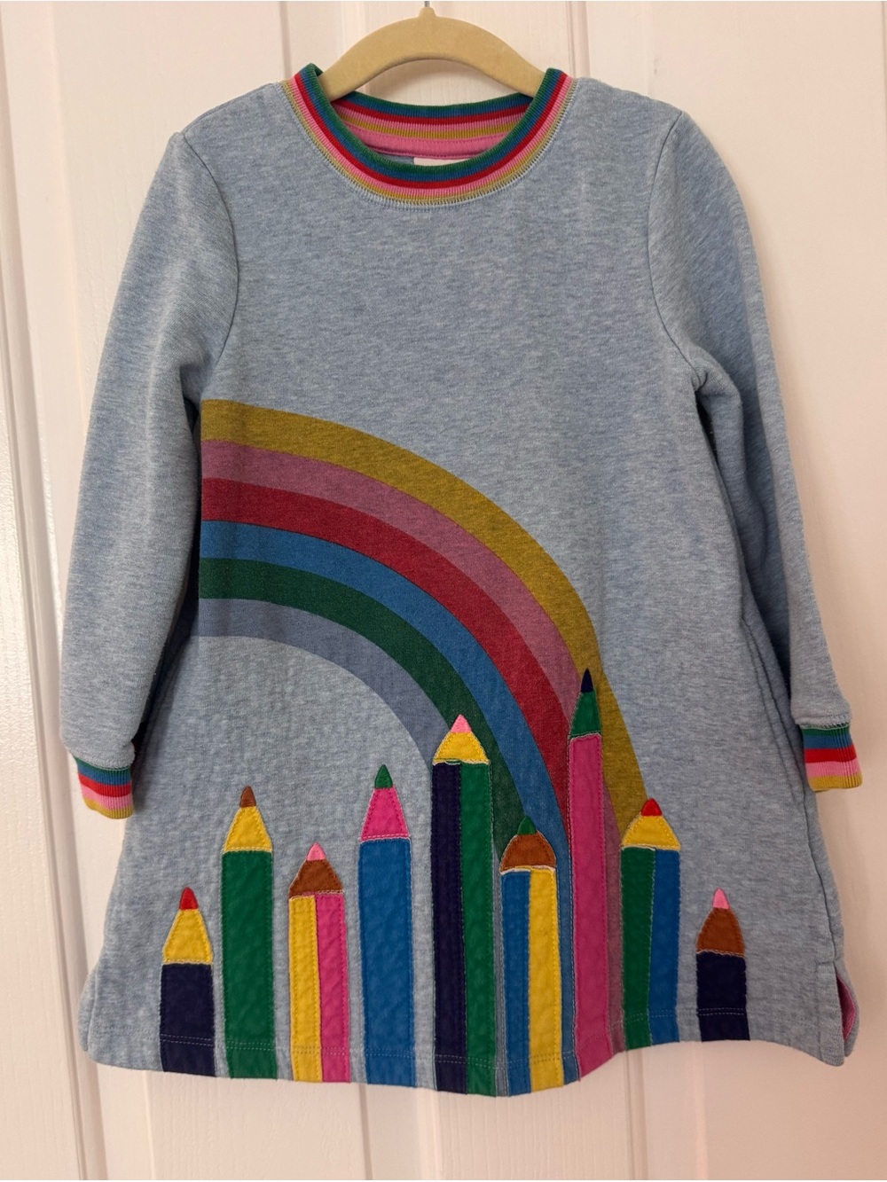 Mini Boden 3-4T Light Blue Rainbow & Pencil Cotton Dress